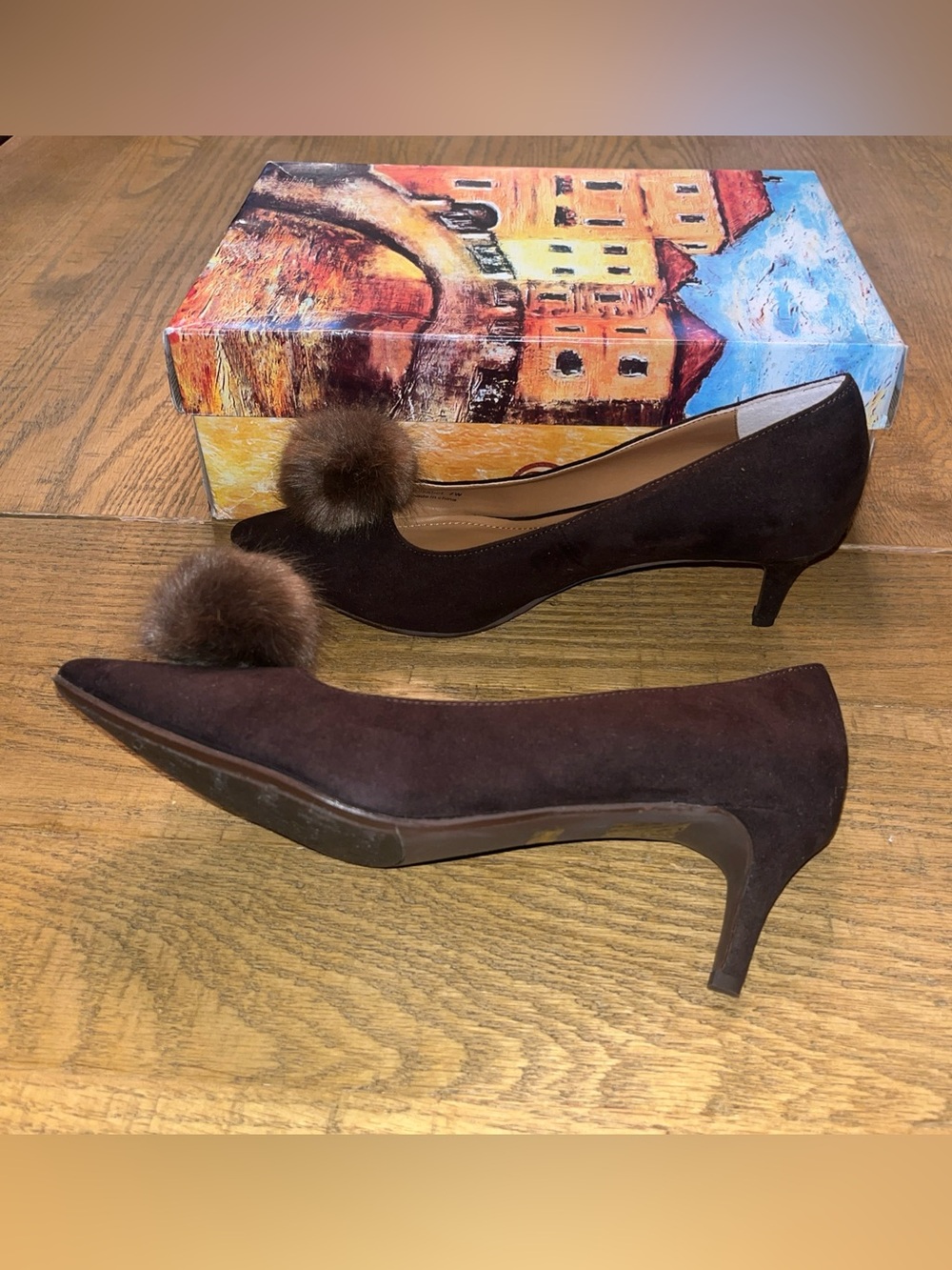 J. Renee Brown Pointed Toe Heels W/ Faux Fur Poof Sz 8 W Wide